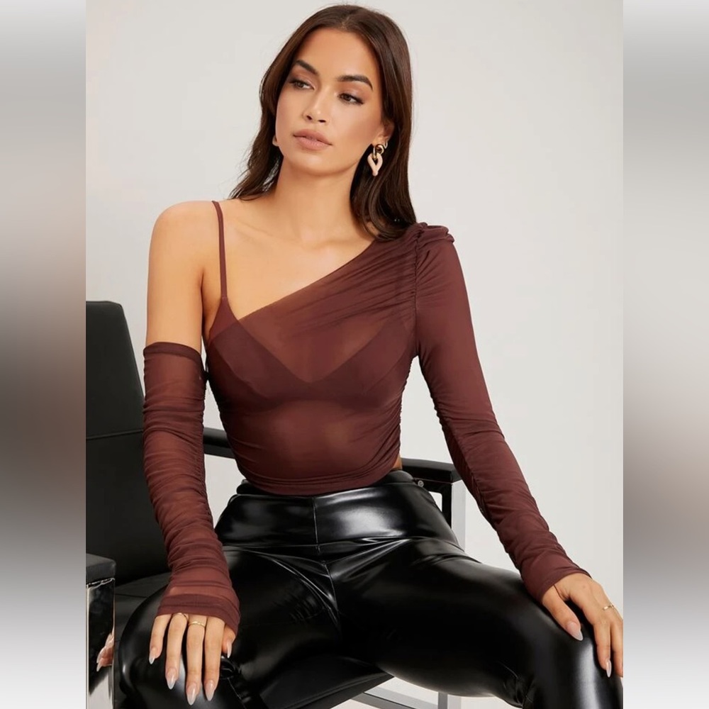 Sheer asymmetrical brown mesh top size small